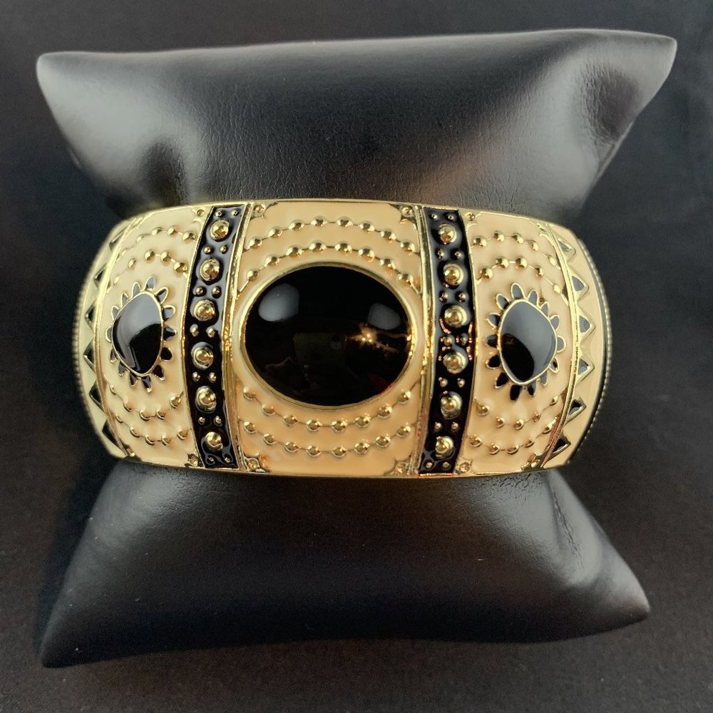 Black and Cream, Sun, Circle, Gold Tone Hinged Bra
